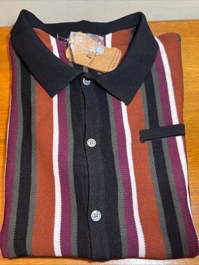 PJ PAUL JONES Striped Polo Shirt in Rust, Black & Burgundy Size 3X